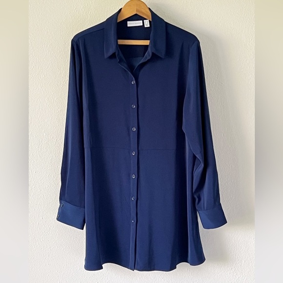 Susan Graver Silky Soft Stretch Peachskin Blue Button Front Big Shirt Large - Picture 4 of 12